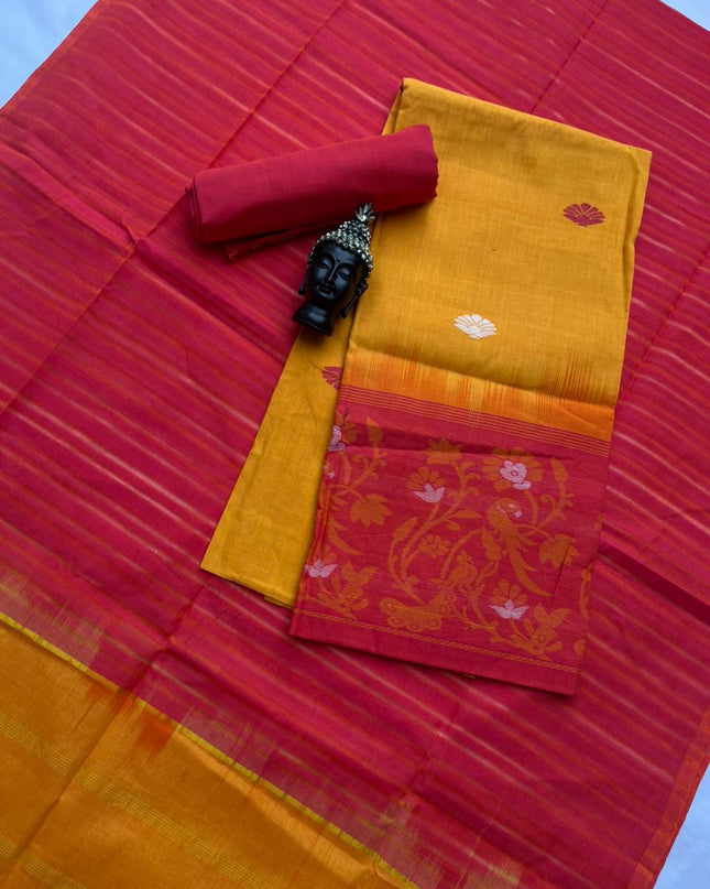 Premium Jamdani Cotton 3-Piece Dress Material in Yellow Colour