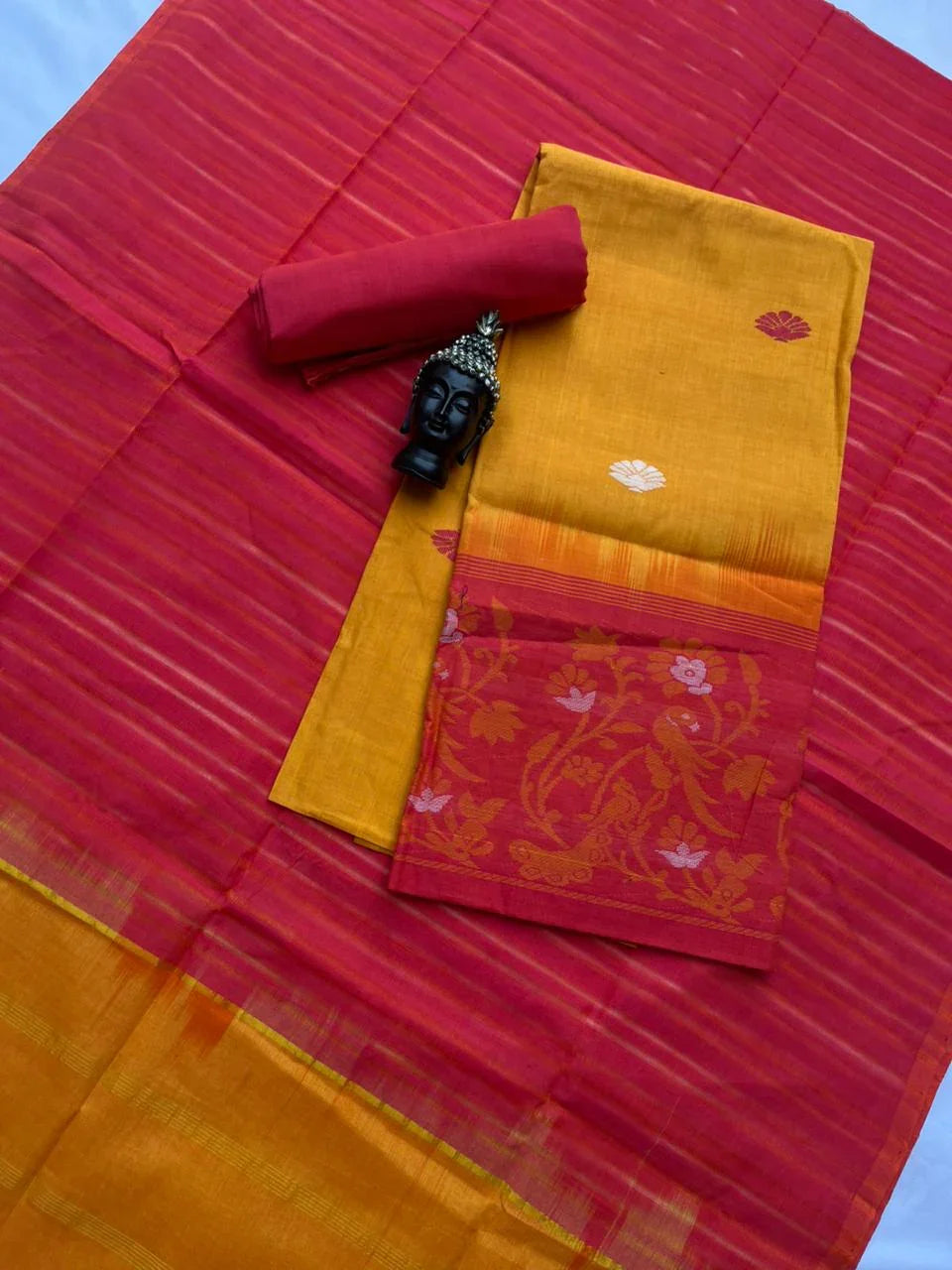 Premium Jamdani Cotton 3-Piece Dress Material in Yellow Colour