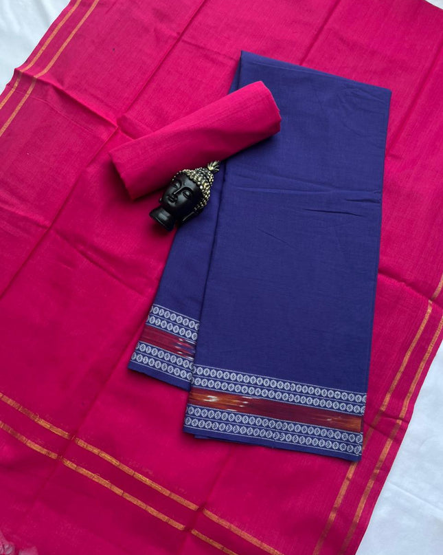 Premium Cotton 3Pc Dress Material with Pochampally Border | Blue colour