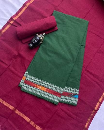 Premium Cotton 3Pc Dress Material with Pochampally Border | Dark Green colour
