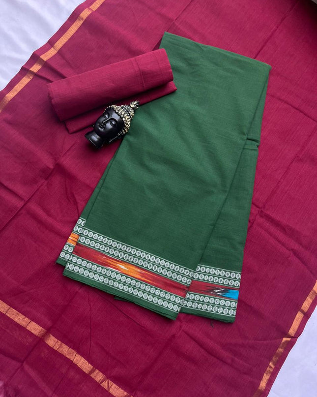 Premium Cotton 3Pc Dress Material with Pochampally Border | Dark Green colour