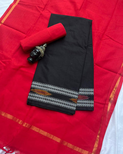 Premium Cotton 3Pc Dress Material with Pochampally Border | Black colour