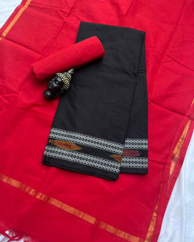 Premium Cotton 3Pc Dress Material with Pochampally Border | Black colour