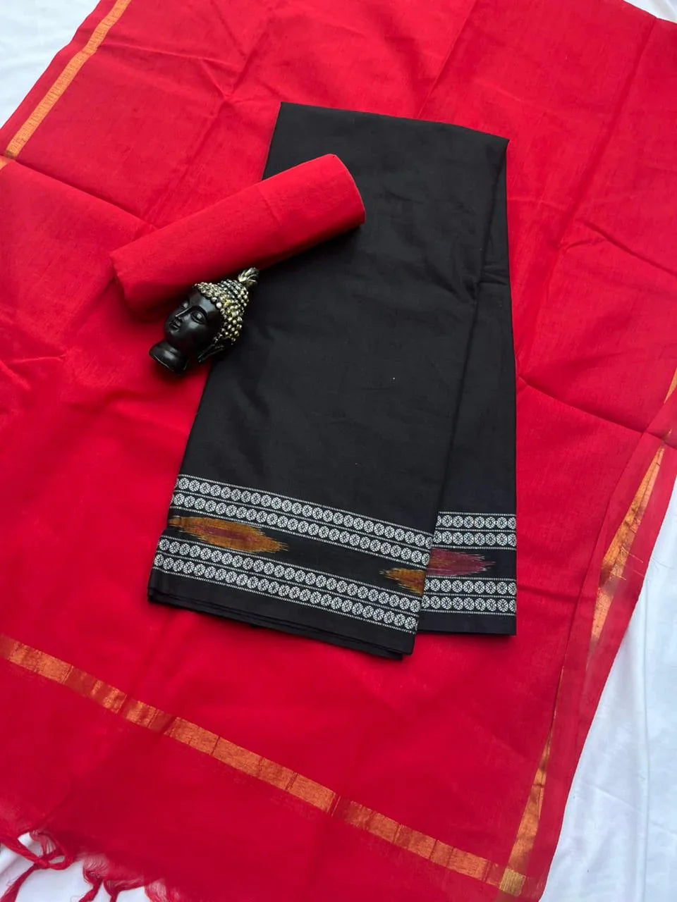 Premium Cotton 3Pc Dress Material with Pochampally Border | Black colour