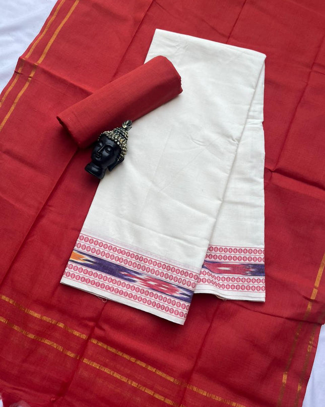 Premium Cotton 3Pc Dress Material with Pochampally Border | White colour