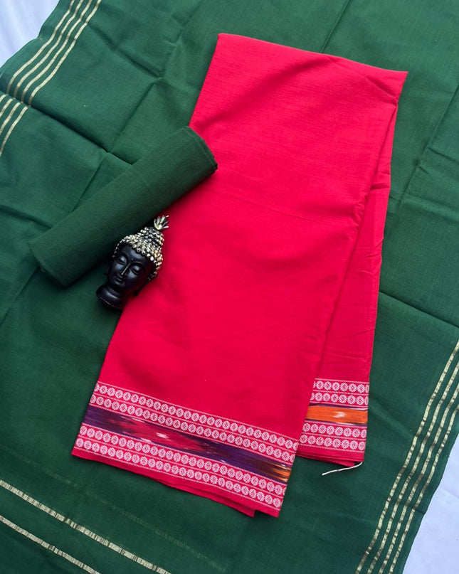 Premium Cotton 3Pc Dress Material with Pochampally Border | Pink colour