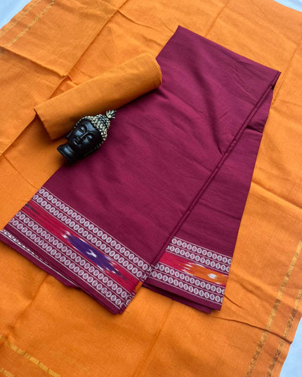Premium Cotton 3Pc Dress Material with Pochampally Border | Maroon colour