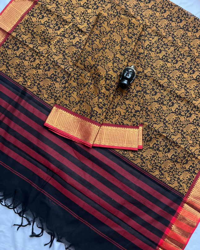 Premium Handloom Kalamkari 3-Piece Dress Material in Black Colour