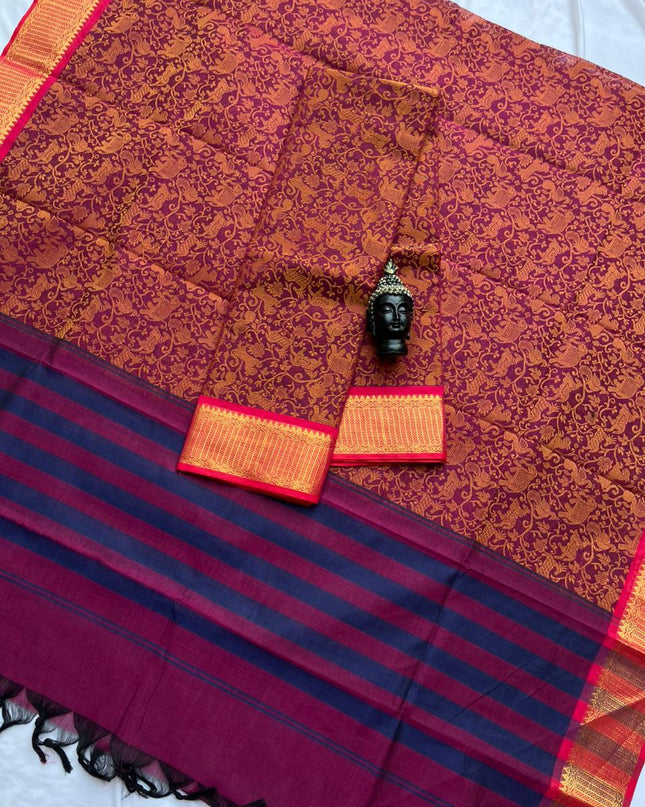 Premium Handloom Kalamkari 3-Piece Dress Material in Maroon Colour