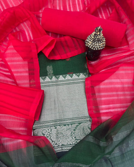Mangalagiri Pattu Dress Material with Zari Border – Dark Green Colour
