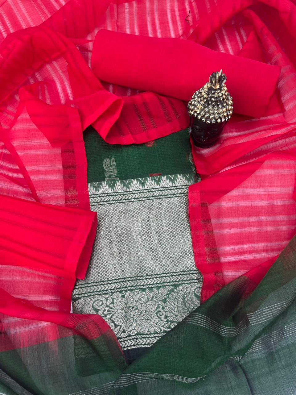 Mangalagiri Pattu Dress Material with Zari Border – Dark Green Colour