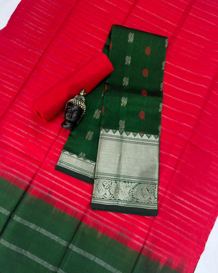Mangalagiri Pattu Dress Material with Zari Border – Dark Green Colour