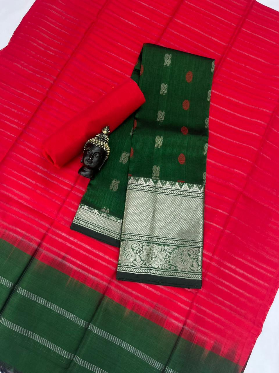 Mangalagiri Pattu Dress Material with Zari Border – Dark Green Colour