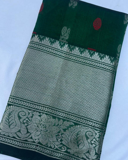 Mangalagiri Pattu Dress Material with Zari Border – Dark Green Colour
