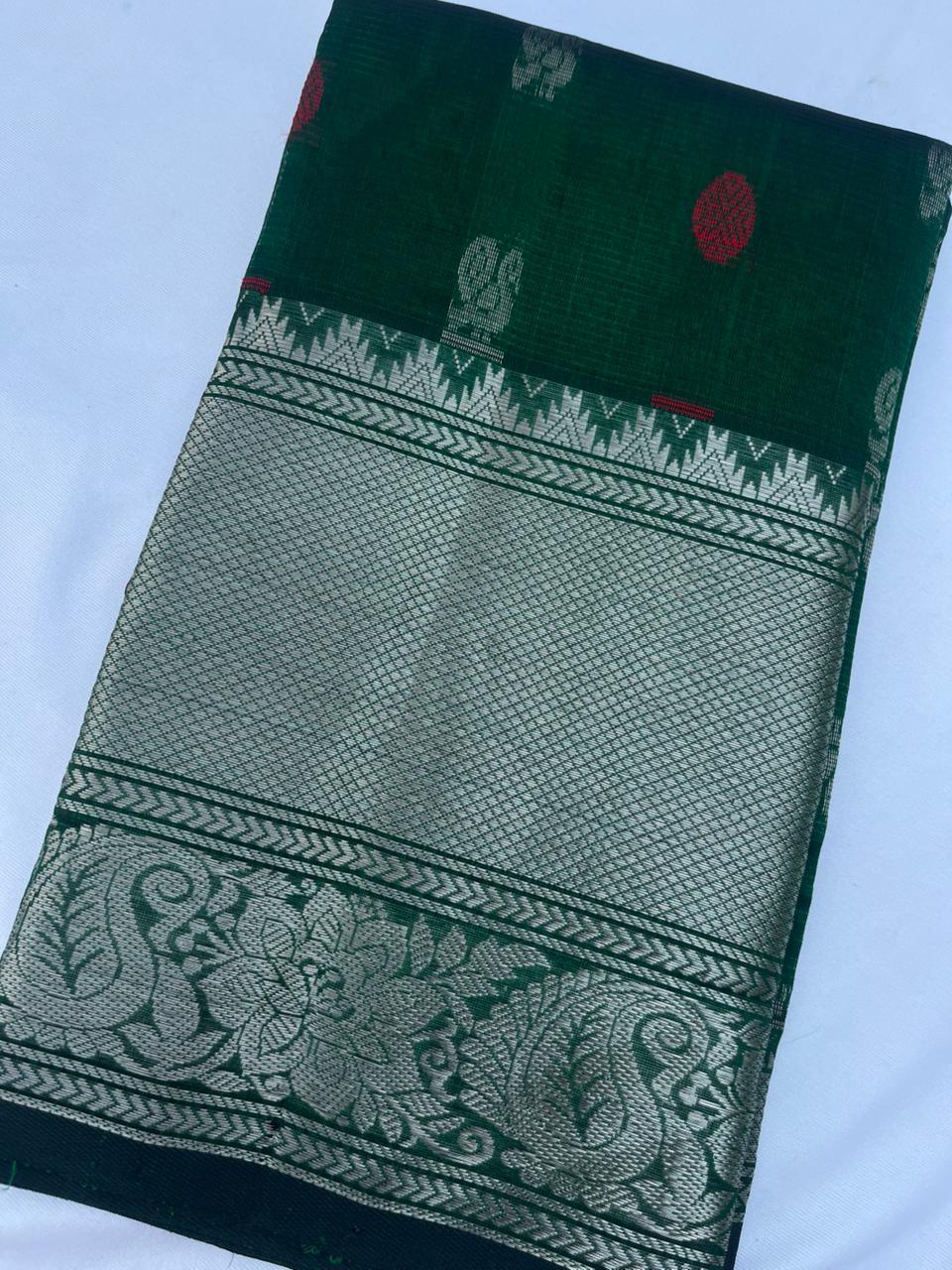 Mangalagiri Pattu Dress Material with Zari Border – Dark Green Colour