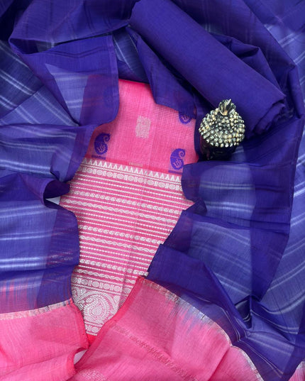 Mangalagiri Pattu Dress Material with Zari Border – Pink Colour
