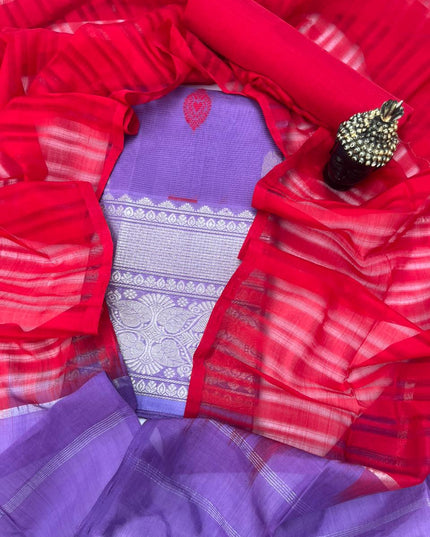 Mangalagiri Pattu Dress Material with Zari Border – Bluish Purple Colour