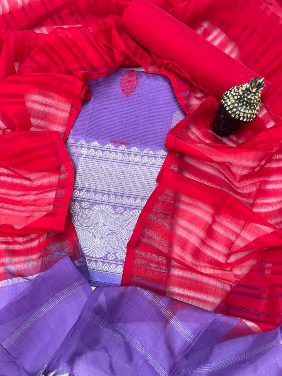 Mangalagiri Pattu Dress Material with Zari Border – Bluish Purple Colour