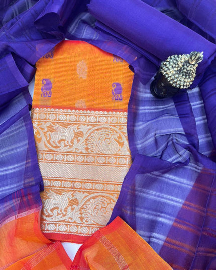 Mangalagiri Pattu Dress Material with Zari Border – Orange Colour