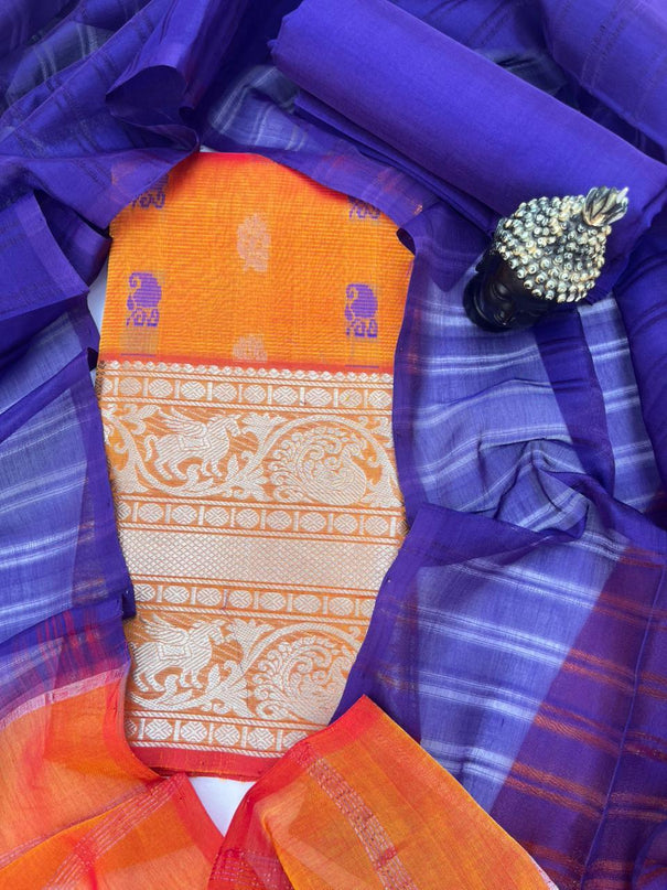 Mangalagiri Pattu Dress Material with Zari Border – Orange Colour