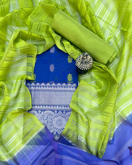 Mangalagiri Pattu Dress Material with Zari Border – Blue Colour