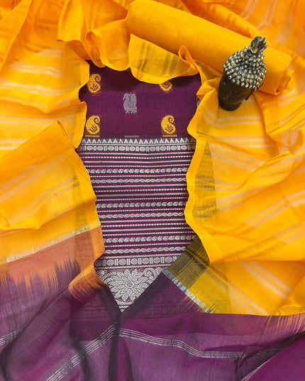 Mangalagiri Pattu Dress Material with Zari Border – Deep Violet Colour