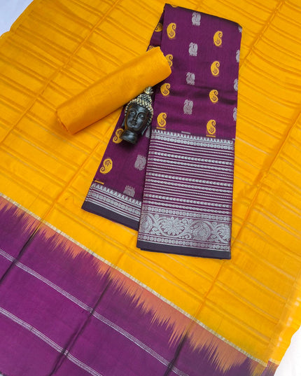 Mangalagiri Pattu Dress Material with Zari Border – Deep Violet Colour