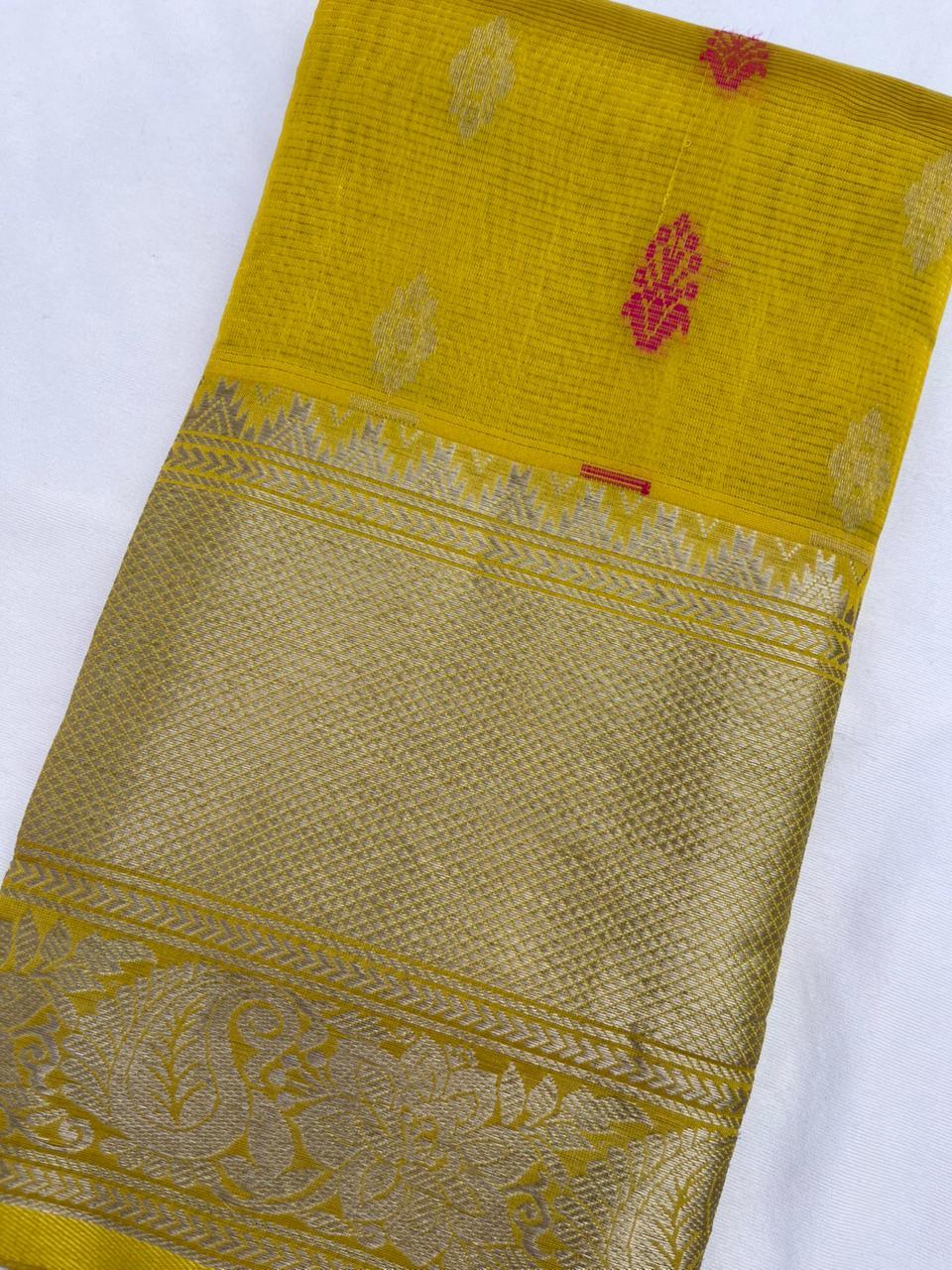 Mangalagiri Pattu Dress Material with Zari Border – Yellow Colour