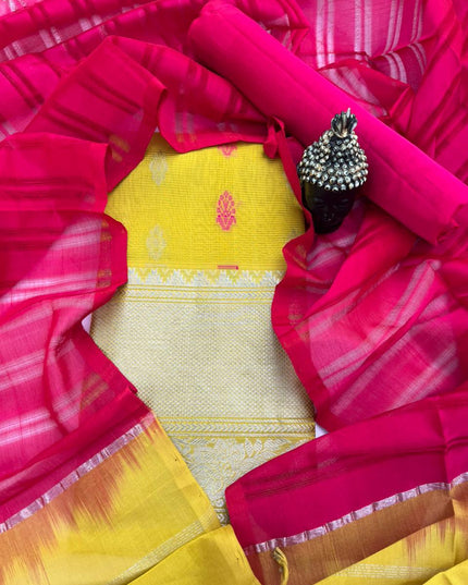 Mangalagiri Pattu Dress Material with Zari Border – Yellow Colour