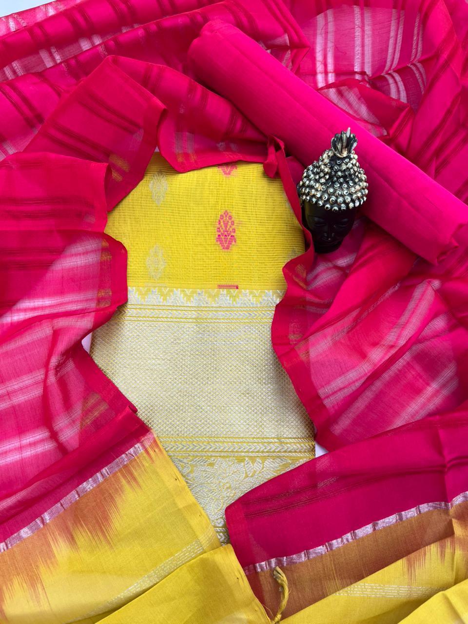 Mangalagiri Pattu Dress Material with Zari Border – Yellow Colour