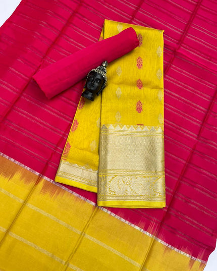 Mangalagiri Pattu Dress Material with Zari Border – Yellow Colour