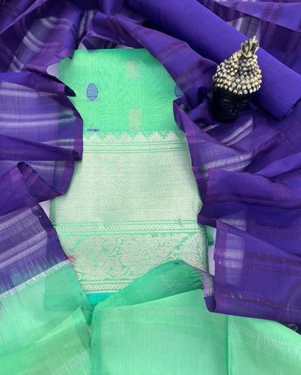 Mangalagiri Pattu Dress Material with Zari Border – Pastel Green Colour