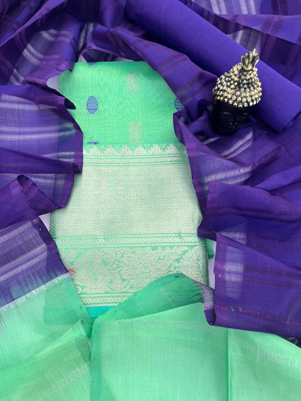 Mangalagiri Pattu Dress Material with Zari Border – Pastel Green Colour