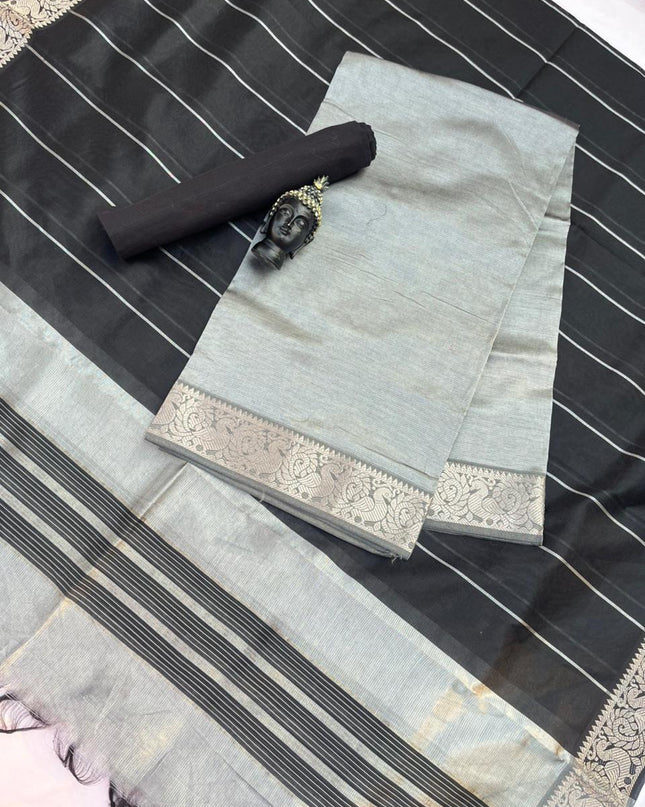 Mangalagiri Semi Pattu Dress Material with Zari Border – Gray Colour