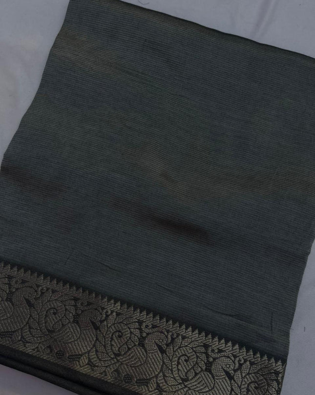 Mangalagiri Semi Pattu Dress Material with Zari Border – Gray Colour