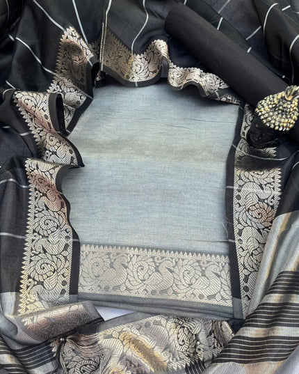 Mangalagiri Semi Pattu Dress Material with Zari Border – Gray Colour