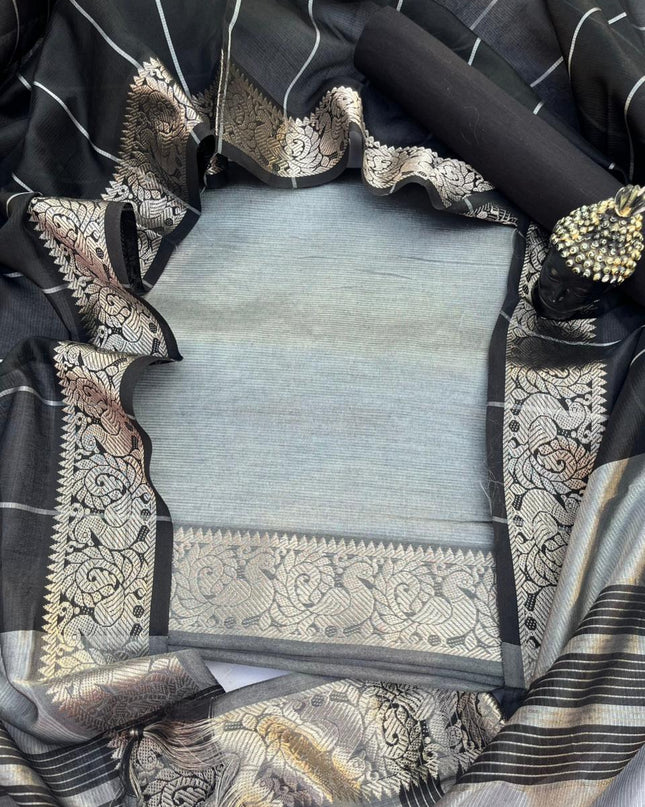 Mangalagiri Semi Pattu Dress Material with Zari Border – Gray Colour