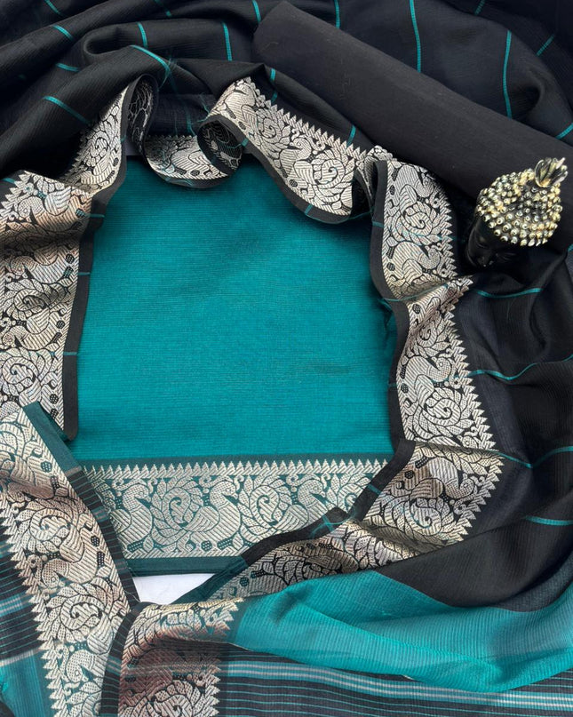 Mangalagiri Semi Pattu Dress Material with Zari Border – Sea Green Colour