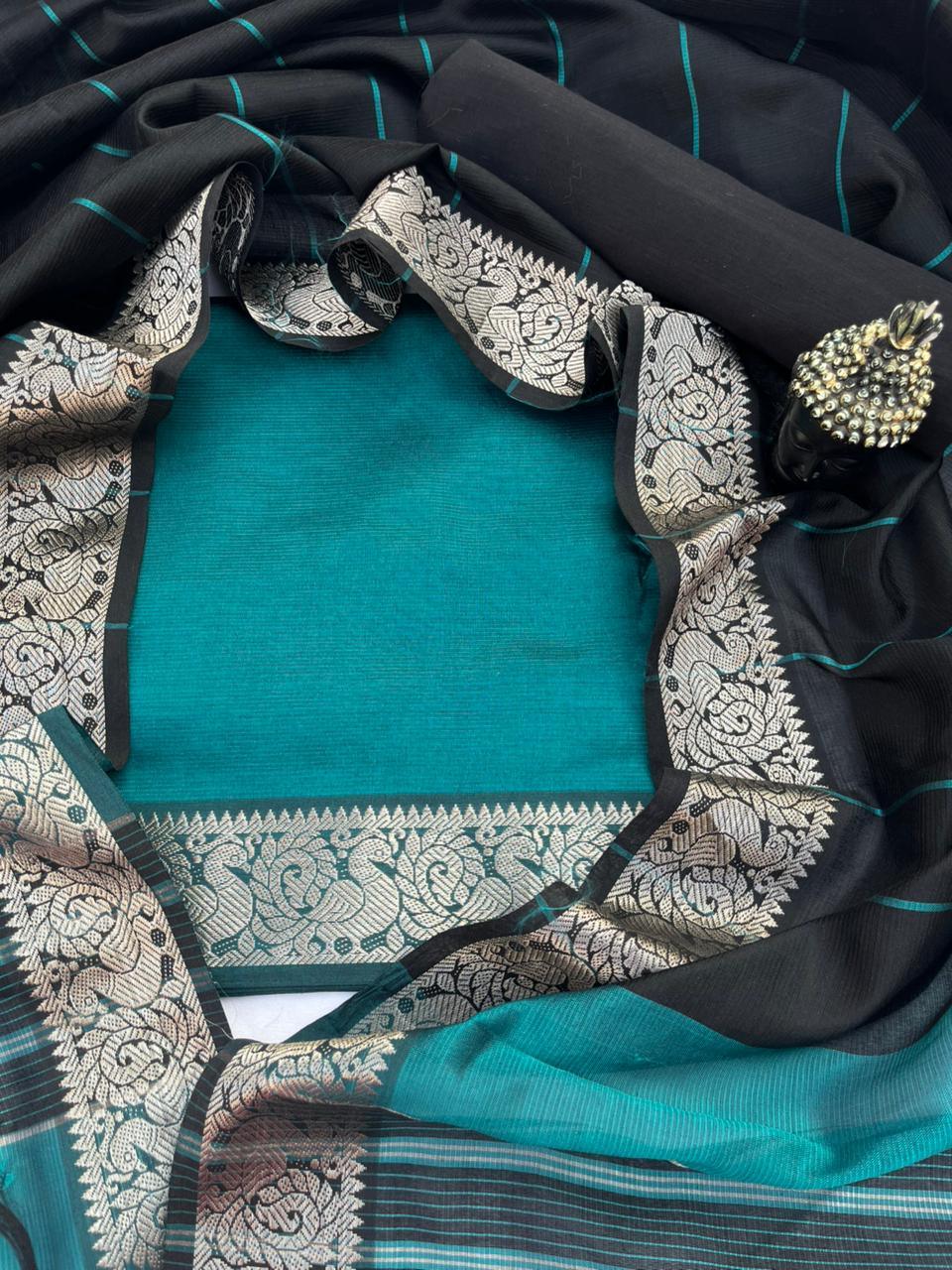 Mangalagiri Semi Pattu Dress Material with Zari Border – Sea Green Colour
