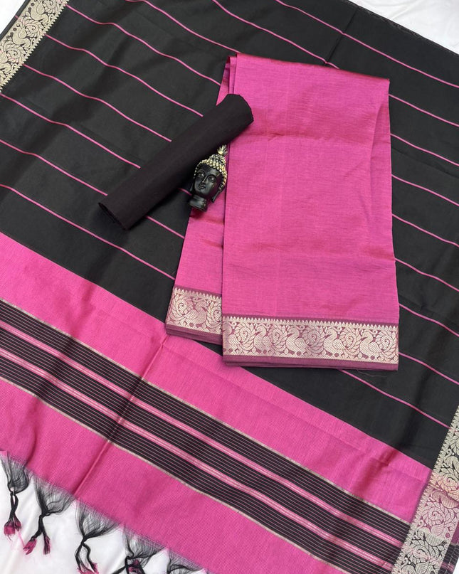 Mangalagiri Semi Pattu Dress Material with Zari Border – Pink Colour