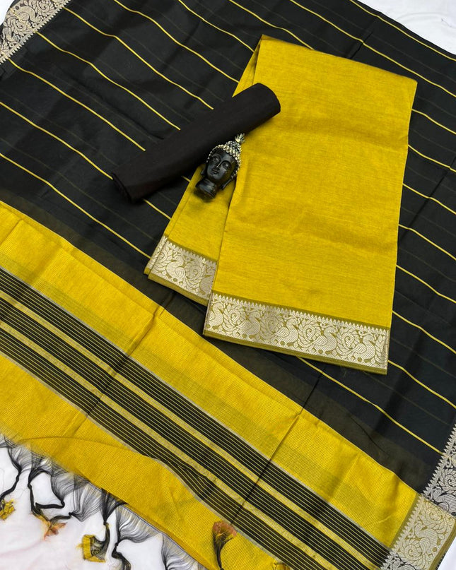 Mangalagiri Semi Pattu Dress Material with Zari Border – Musted Yellow Colour