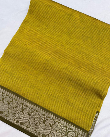 Mangalagiri Semi Pattu Dress Material with Zari Border – Musted Yellow Colour