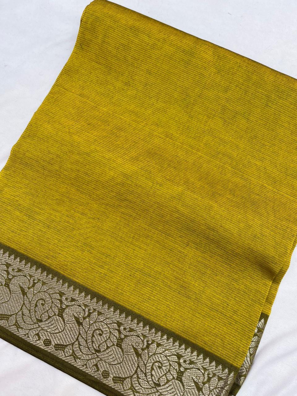 Mangalagiri Semi Pattu Dress Material with Zari Border – Musted Yellow Colour
