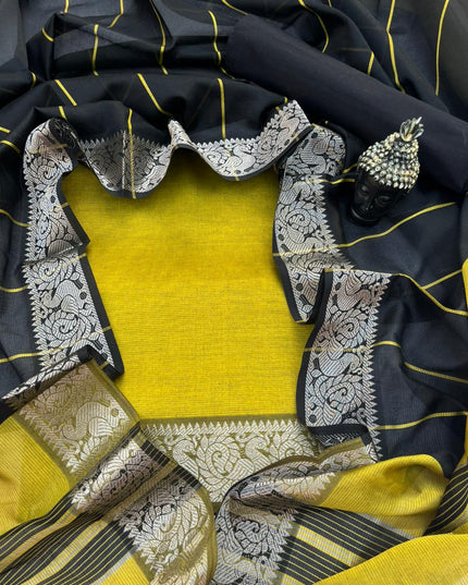 Mangalagiri Semi Pattu Dress Material with Zari Border – Musted Yellow Colour