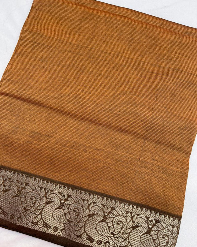 Mangalagiri Semi Pattu Dress Material with Zari Border – Light Brown Colour