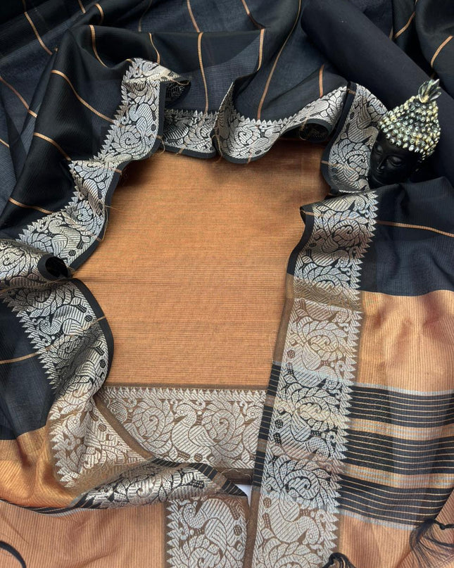 Mangalagiri Semi Pattu Dress Material with Zari Border – Light Brown Colour