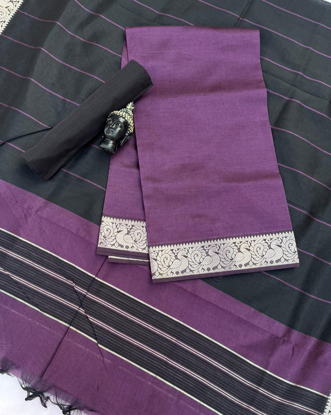Mangalagiri Semi Pattu Dress Material with Zari Border – Deep Purple Colour