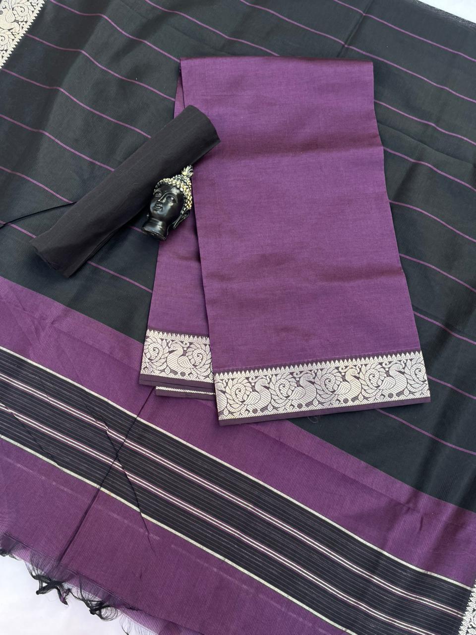 Mangalagiri Semi Pattu Dress Material with Zari Border – Deep Purple Colour