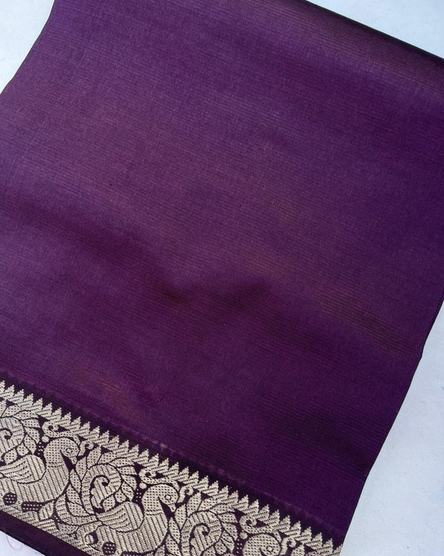 Mangalagiri Semi Pattu Dress Material with Zari Border – Deep Purple Colour