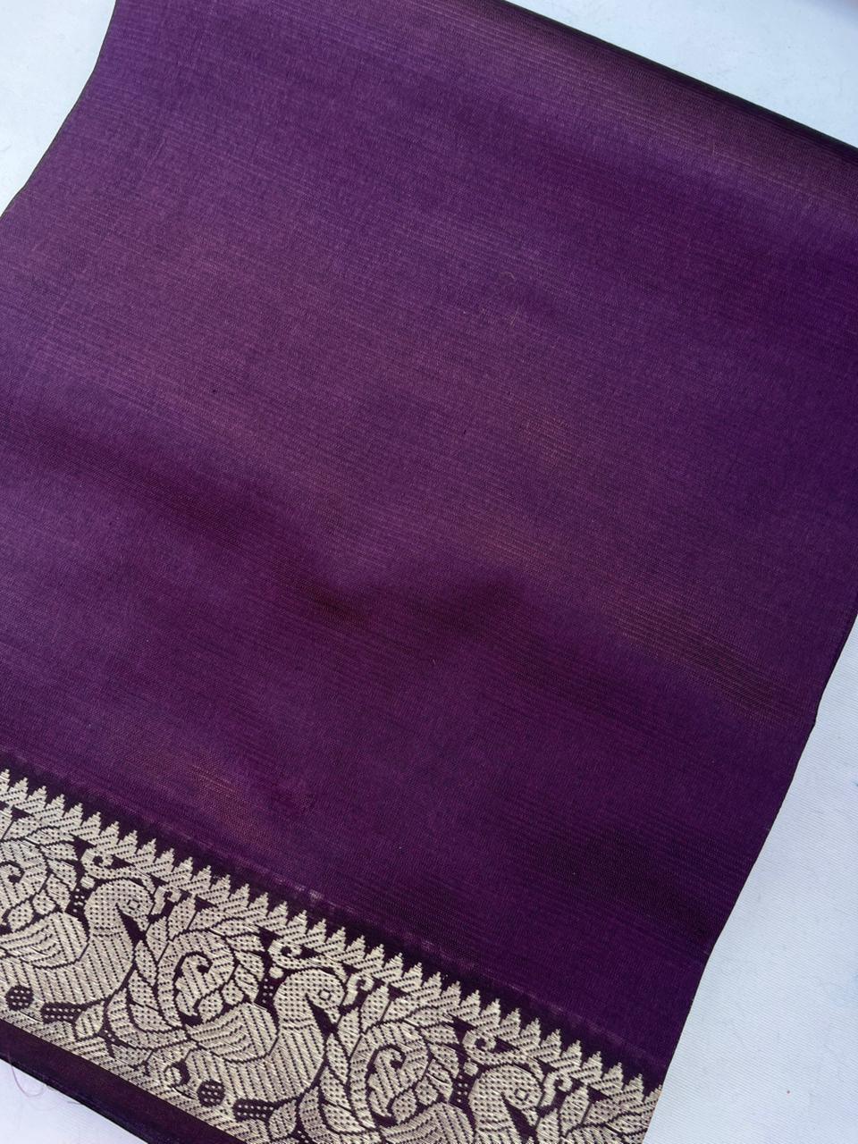 Mangalagiri Semi Pattu Dress Material with Zari Border – Deep Purple Colour